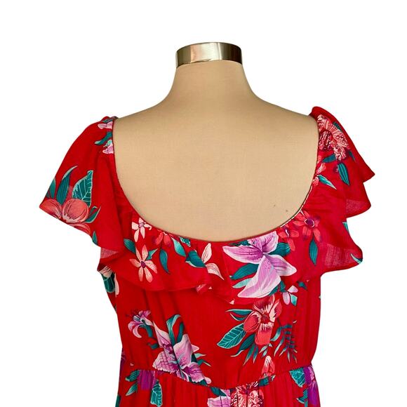 Old Navy Tiered Midi Dress Red Floral Tropical Print XL Sweetheart Neck Summer - Picture 4 of 7